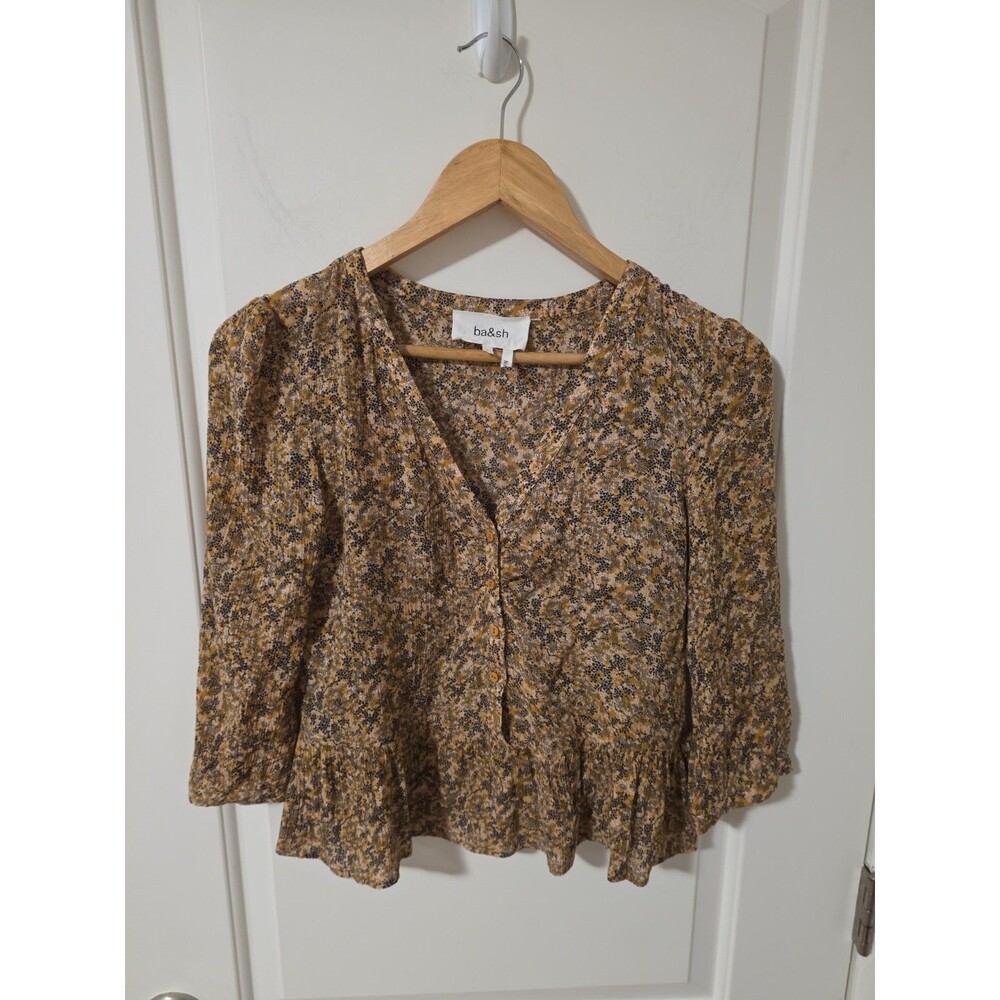 BA&SH NELLY BROWN & BLACK DOT PRINT PEPLUM 3/4 SLEEVE BLOUSE SIZE S